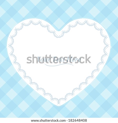 A heart shaped lace frame on a soft blue plaid background. Raster.