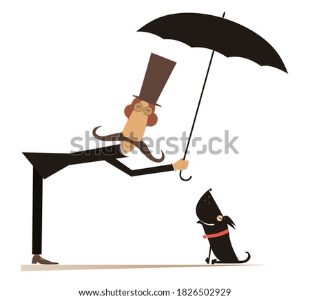 Long mustache man, umbrella and the dog illustration. Funny long mustache man in the top hat protects a dog against the rain by umbrella isolated on white illustration
