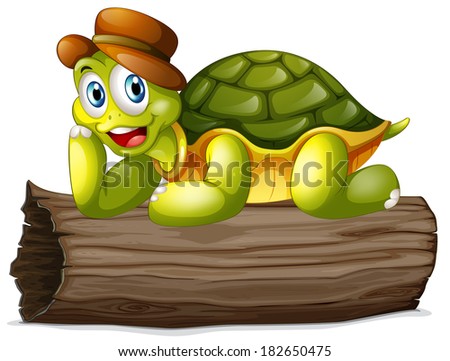 Illustration of a turtle above a log on a white background