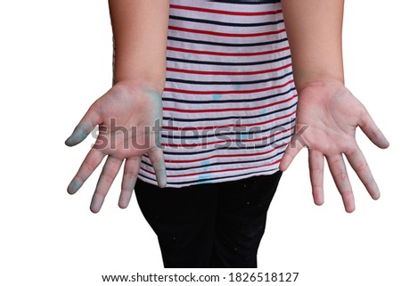 Close-up view of the blue color that stains the hands of a child and cannot be washed off,isolated