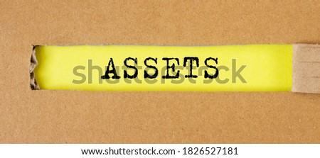 Assets word written on yellow paper through torn craft, top view, flatly, banner