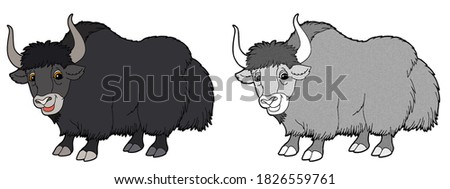 cartoon sketch scene with yak buffalo on white background - illustration for children