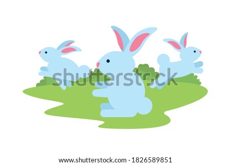 cute rabbits in the camp scene characters vector illustration design
