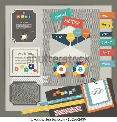 Web design vintage portfolio elements. Collection of color stickers, speech bubbles, text message, icons, hand drawn shapes. Info graphic components for print or web.