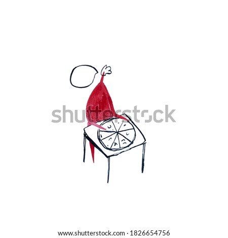 Hand paint watercolor stick figure illustration. Red people. Speech. Lettering. Chef prepares a pizza. 