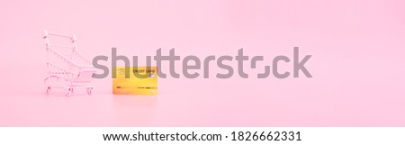 shopping and payment concept from small trolley and credit card on pink pastel color background. web banner size.