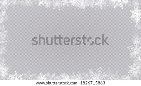 Rectangular winter snow frame border with stars, sparkles and snowflakes on transparent background. Festive christmas banner, new year greeting card, postcard or invitation vector illustration