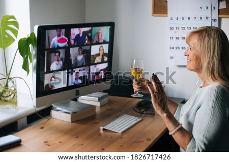 Virtual Happy hour party. Video conference get-together online meeting with friends and family. Birthday party in online call. Parties during quarantine Long Distance Celebration. Video conferencing