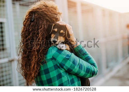 Young adult woman holding adorable dog in animal shelter. Royalty-Free Stock Photo #1826720528