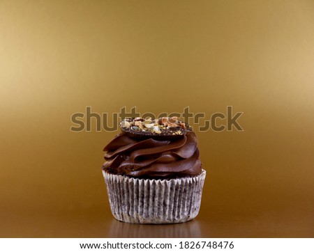Chocolate cream cupcake on a golden background stock images. One delicious cupcake festive gold frame stock images. Chocolate cupcake golden border with copy space for text
