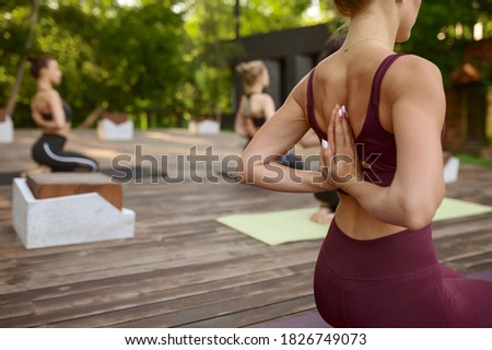 Attractive women on group yoga training in park