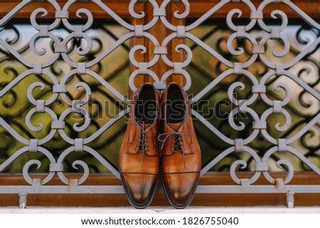 Stylish brown men's shoes made of genuine leather by the window with a metal lattice.