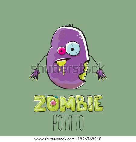 vector funny cartoon violet zombie hipster potato character with hair isolated on green background. My name is zombie potato vector concept halloween background. monster vegetable funky character
