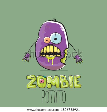 vector funny cartoon violet zombie hipster potato character with hair isolated on green background. My name is zombie potato vector concept halloween background. monster vegetable funky character