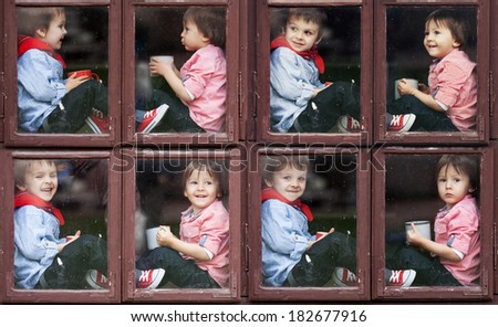 Collage of pictures of two brothers, sitting on a window, talking and laughing, drinking tea