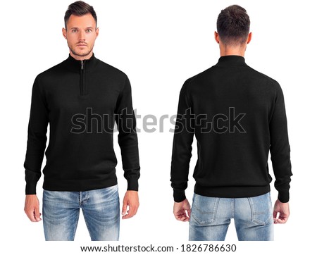 Man in black sweatshirt on white background. Black pullover. Front view, back view Royalty-Free Stock Photo #1826786630