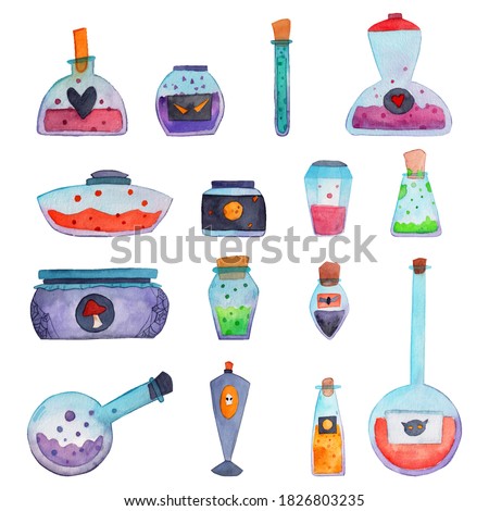 Witch's potions watercolor illustration. Halloween objects artwork. Dark scary poisonous magical bottle. Holiday hand-drawn paintings.  Isolated set on a white background.