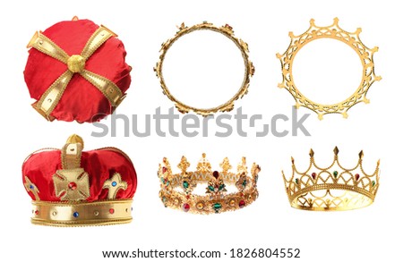 Set of crowns with gemstones on white background, side and top views Royalty-Free Stock Photo #1826804552