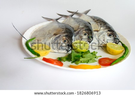 Fresh Razor moonfish (Mene maculata)/Razor Trevally fish decorated with lemon slice,  orange slice and tomato slice on a white plate,Isolated on white background.
