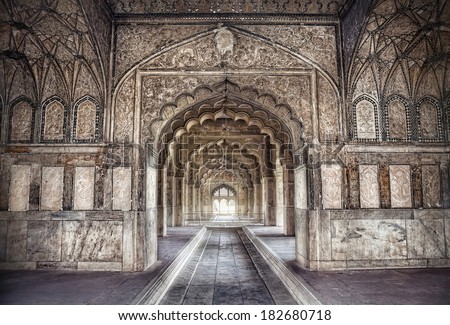 Hall with ethnic ornament in Khas Magal, Red Fort, Old Delhi, India Royalty-Free Stock Photo #182680718