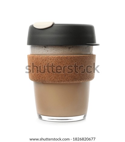 Hot coffee in reusable glass cup isolated on white