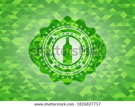 bottle icon inside green emblem with mosaic background. 