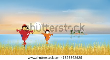 Autumn landscape with cute cartoon smiling scarecrow standing by sea with grass field,Panoramic at village by the lake with meadow in sunny day with blue sky, Vector panorama seascape in fall season