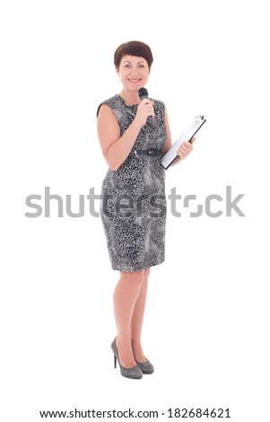 middle aged reporter with microphone isolated on white background