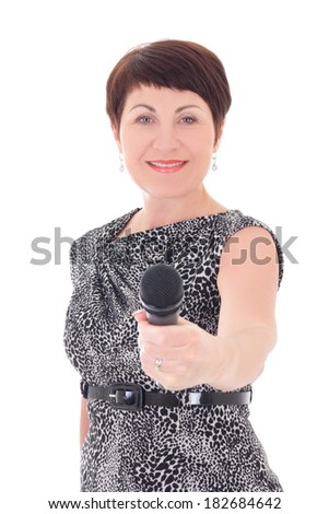 middle aged reporter interviewing with microphone isolated on white background