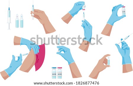 Doctor hands with syringe and ampoule with vaccine or medicine. Doctor hands making an injection. Vaccination and immunization concept. Preventive medicine, treatment. Colorful set. Isolated. Vector Royalty-Free Stock Photo #1826877476