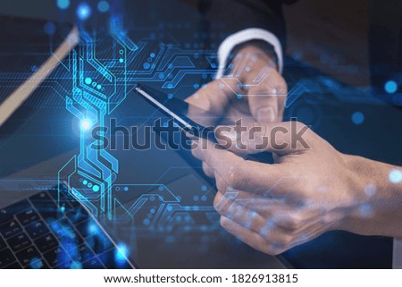 Businessman search for new opportunities, in technology business, typing smart phone background. Binary tech hologram.
