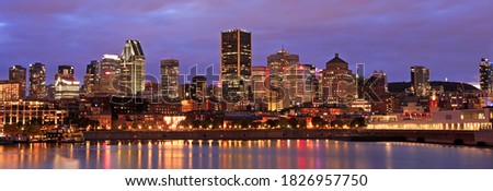 Panoramic view of Montreal skyline at dusk in Quebec, Canada