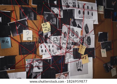 Detective board with fingerprints, crime scene photos and red threads