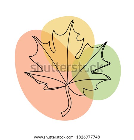 Autumn leaf in a hand drawn linear style with colorful abstract stains. Isolated on white.