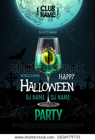 Halloween cocktail disco party poster with realistic transparent cocktail glass and burning eye inside.