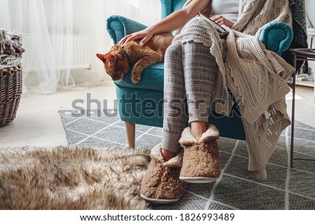 Young woman sitting in a cozy armchair, with a warm blanket, together with a domestic cat Royalty-Free Stock Photo #1826993489