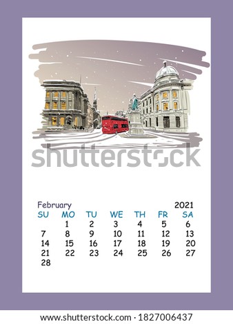 Calendar sheet layout February month 2021 year. Edinburgh. Scotland. Hand drawn city sketch. Vector illustration.