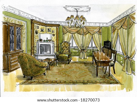 Water-colour sketch of an interior apartment