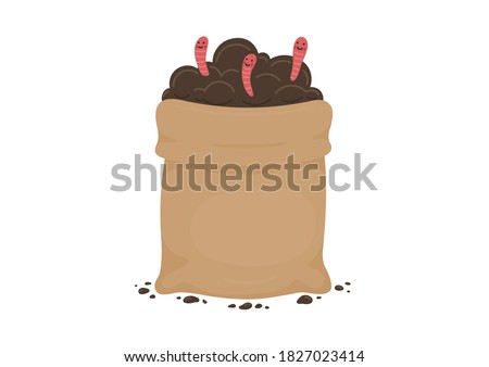 Worm compost.  Gunny sack full of soil with red worms. Natural Fertiliser. Farming and agriculture illustration.  Royalty-Free Stock Photo #1827023414