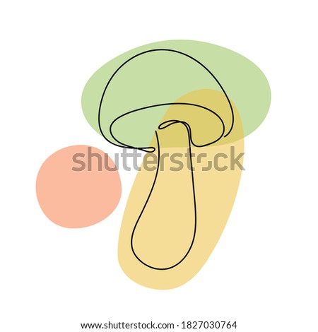 Mushroom in a hand drawn linear style with colorful abstract stains. Isolated on white. Vector illustration. 