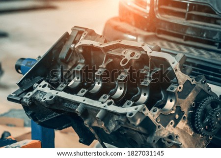 Car engine during service repair in auto service, close up