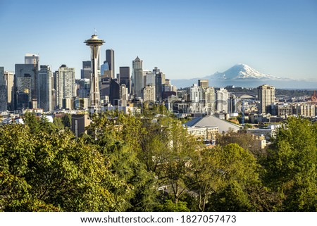 Aerial panorama of Seattle City Skyline, Washington, United States of America