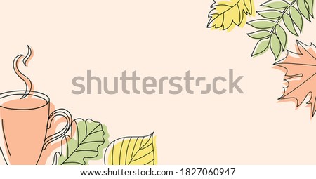 Autumn background in linear style with a cup and some leaves. On a pink background.
