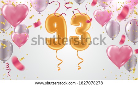 93 years anniversary and birthday with template design on background colorful balloon and colorful tiny confetti pieces for celebration