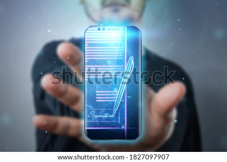 Male hand and modern smartphone hologram contract. Concept for electronic signature, business, remote collaboration, copy space. Mixed media