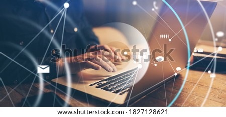 Close-up photo of male hands with laptop. Man working remotely at home. Concept of networking or remote work. Global business network. Online courses.