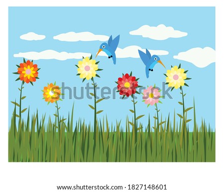 Happy birds flying between colourful flowers background