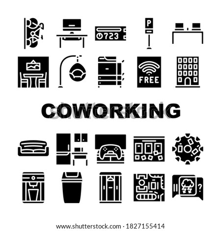 Coworking Work Office Collection Icons Set Vector. Coworking Layout And Furniture, Building And Parking, Workplace And Relaxation Place Glyph Pictograms Black Illustrations