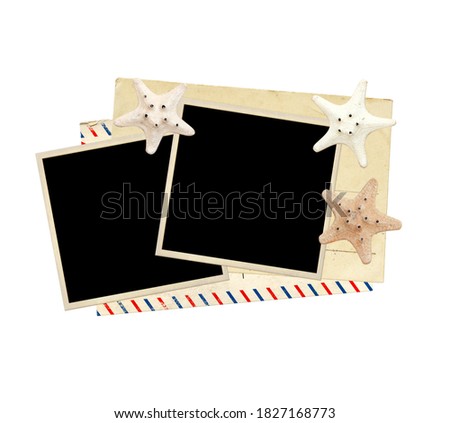 Two retro photos, old postcard, starfish and vintage envelope. Isolated on white background. Copy space for text. Mock up template