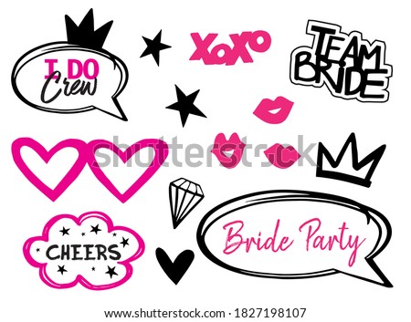 Wedding pink photo booth props isolated vector illustration on white background. Bride team party photo set for t-shirt print. Bachelorette party logo. Speach bridal props collection.